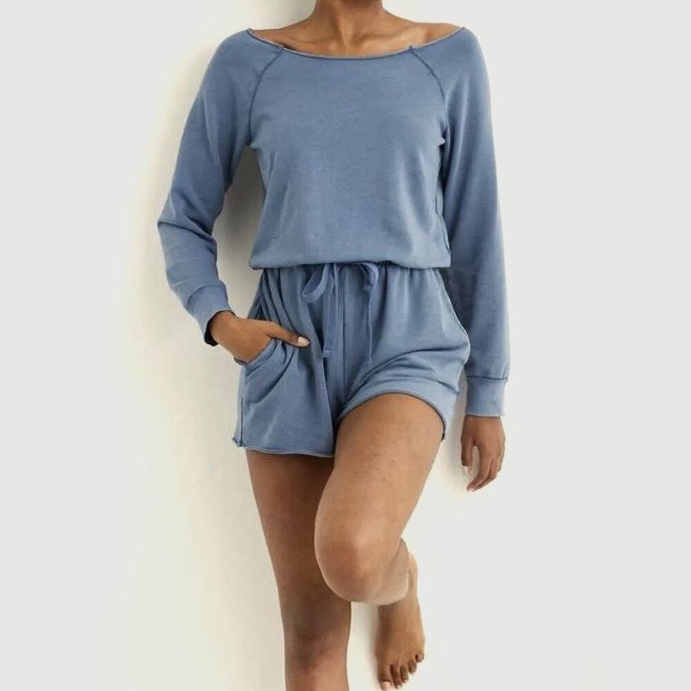 Aerie Soft Terry Fleece Long-Sleeve Lounge Shorts Romper, Blue XXS